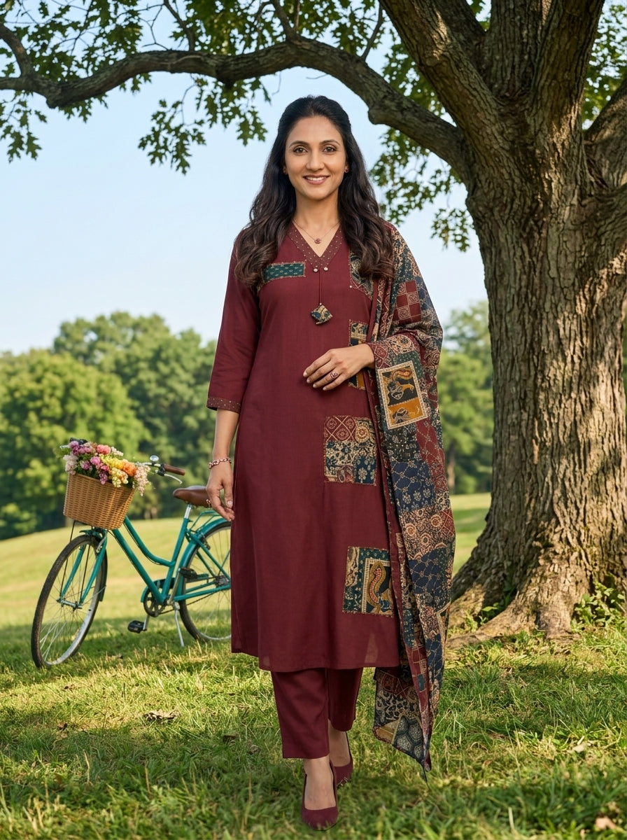 THE PATCHWORK MAROON COTTON KPD SET