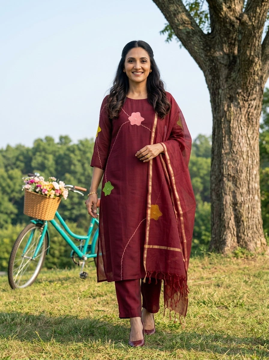 APPLIQUE DETAILED MAROON MUL CHANDERI 3PC KPD SET