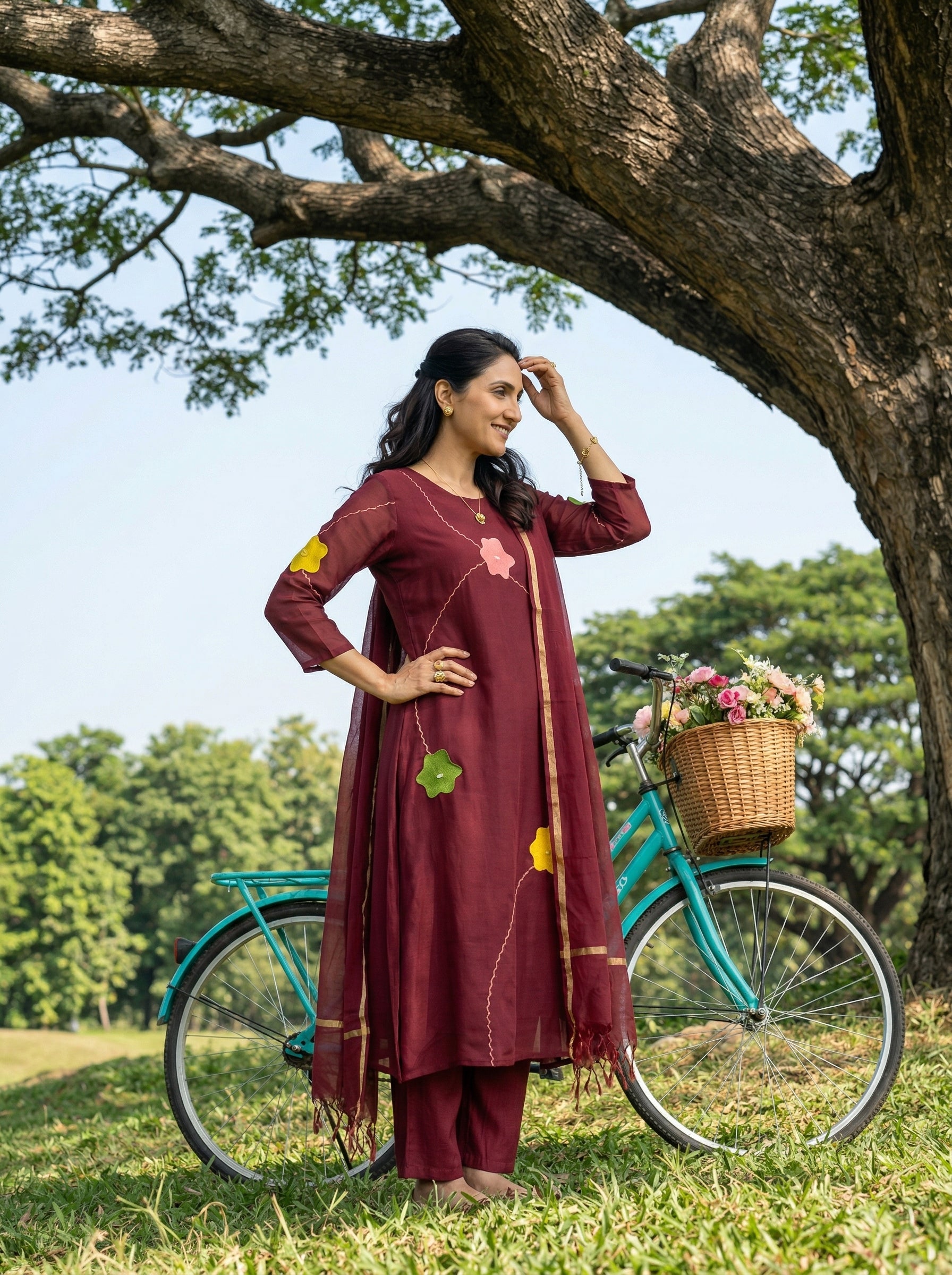 APPLIQUE DETAILED MAROON MUL CHANDERI 3PC KPD SET