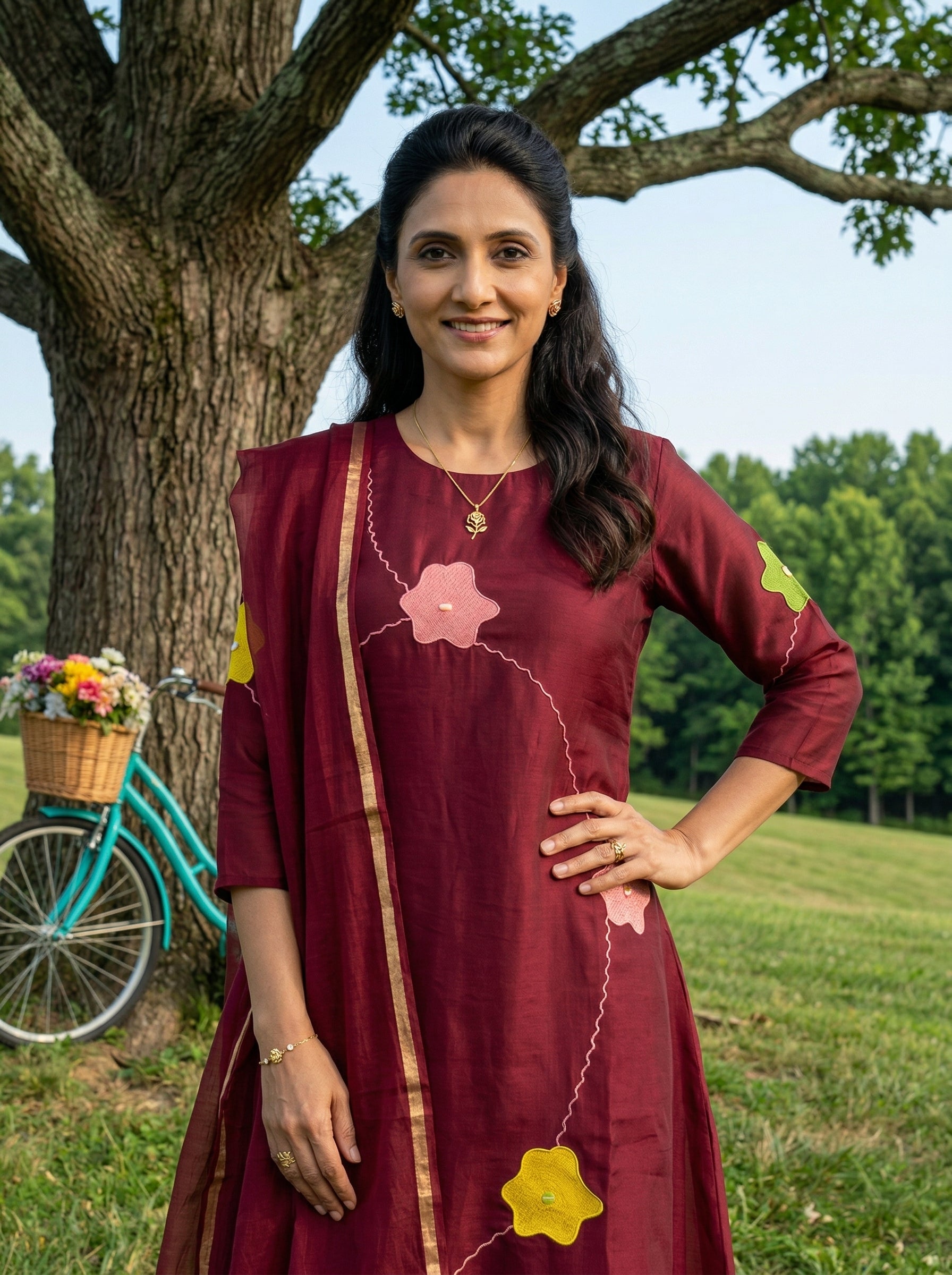 APPLIQUE DETAILED MAROON MUL CHANDERI 3PC KPD SET