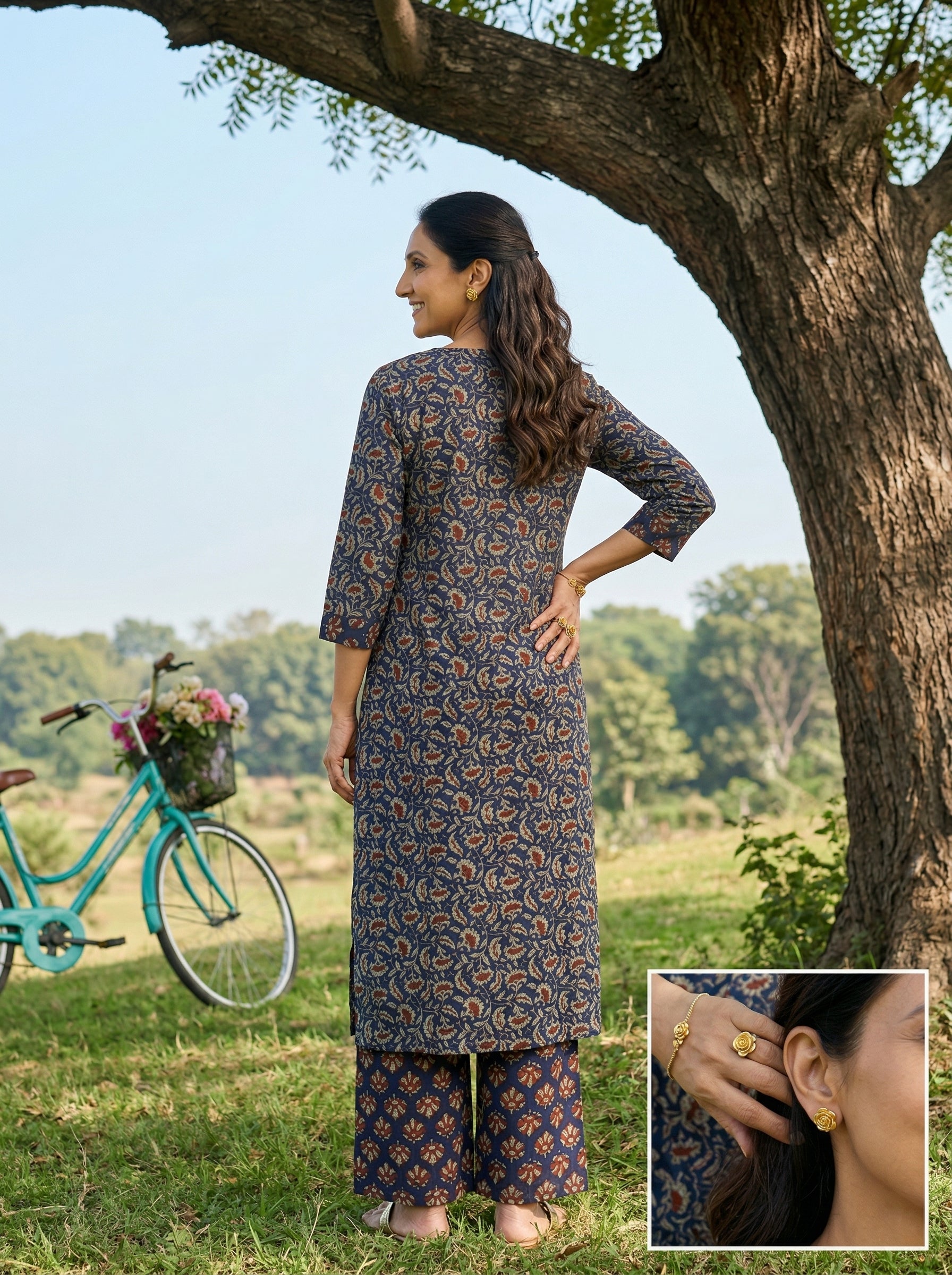 KALAMKARI FLORAL BLUE COTTON KPD SET