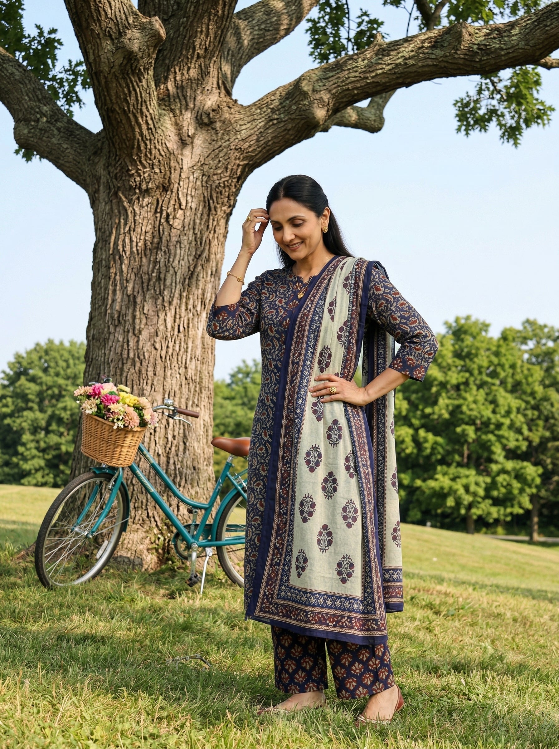 KALAMKARI FLORAL BLUE COTTON KPD SET