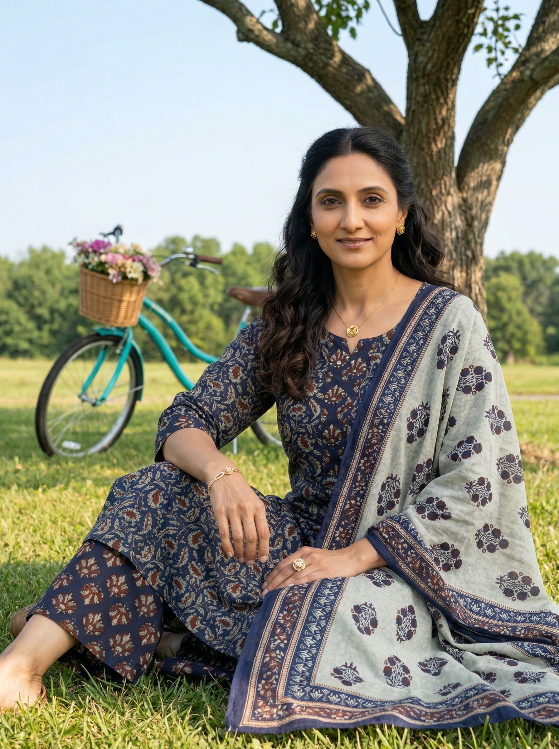KALAMKARI FLORAL BLUE COTTON KPD SET