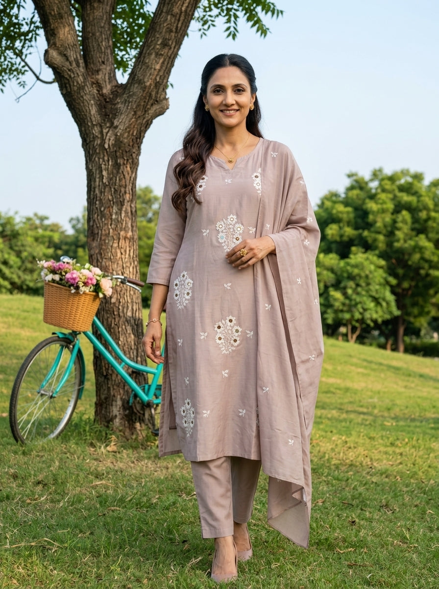 FLORAL APPLIQUE BEIGE MUL MUSLIN KPD SET