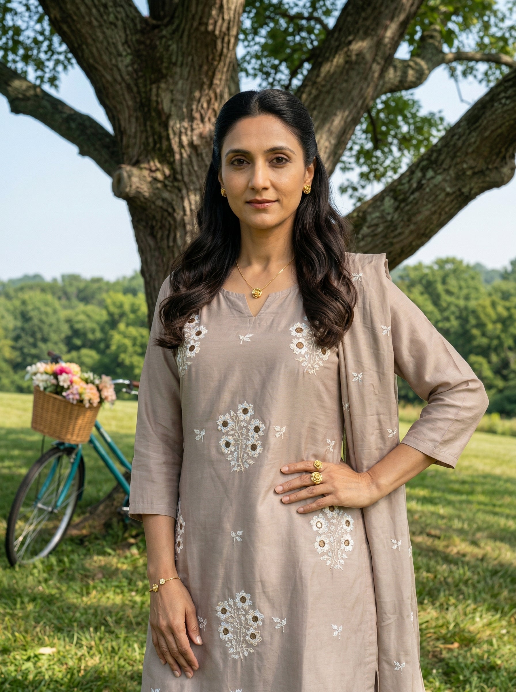 FLORAL APPLIQUE BEIGE MUL MUSLIN KPD SET