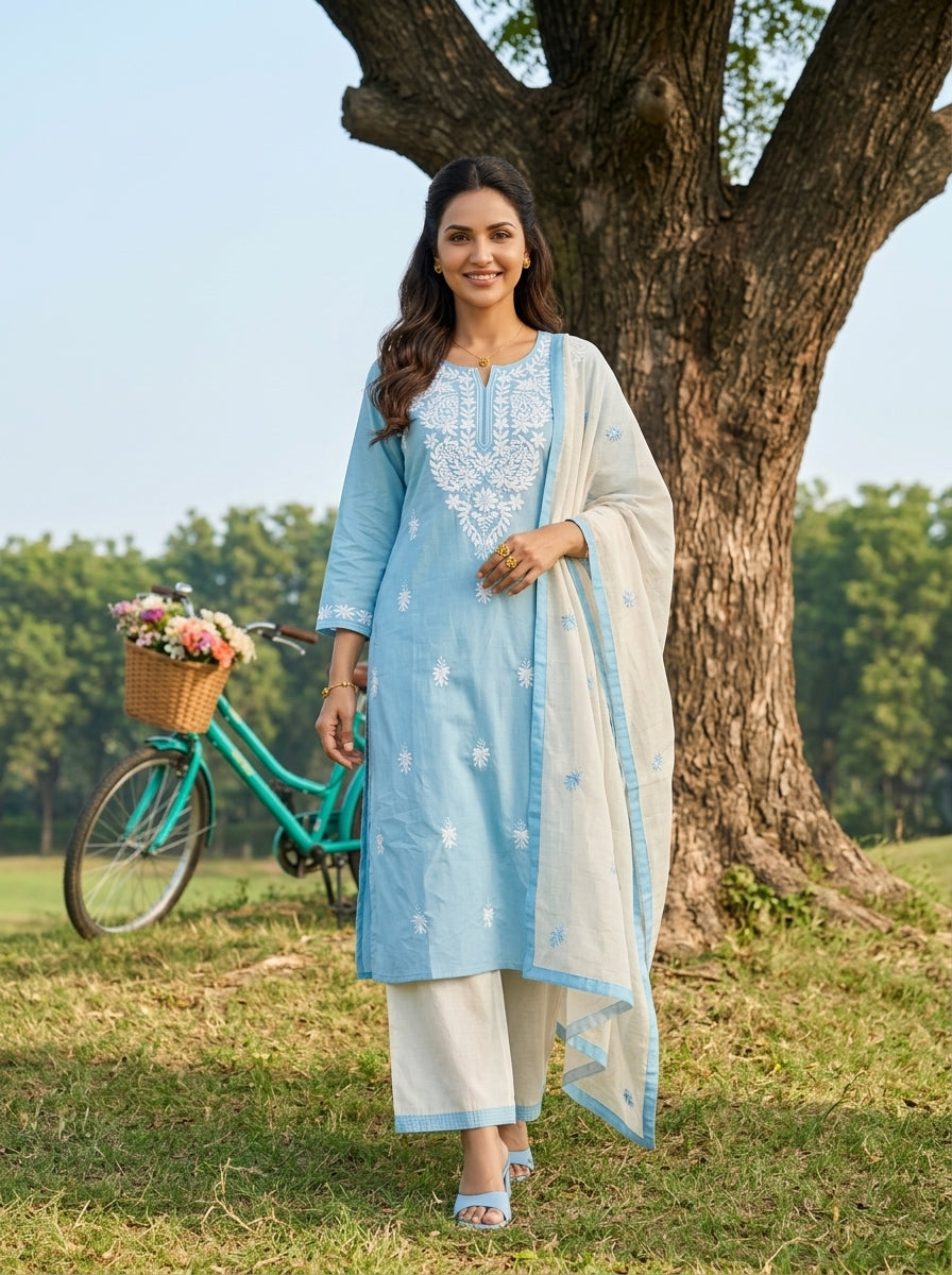 CHIKANKARI BLOOM COTTON BLUE KPD SET