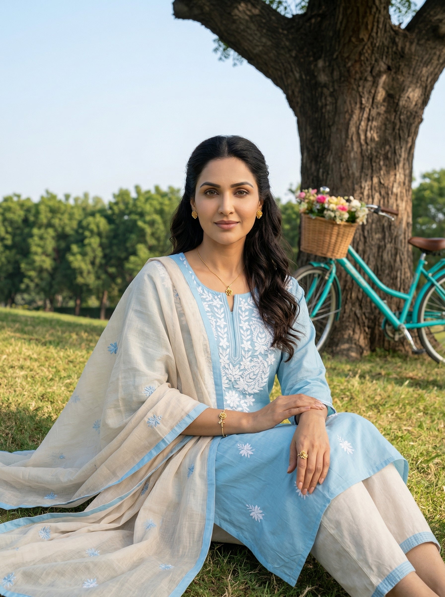 CHIKANKARI BLOOM COTTON BLUE KPD SET