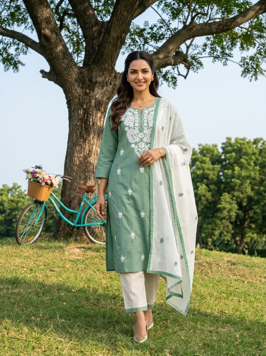 CHIKANKARI BLOOM COTTON GREEN KPD SET