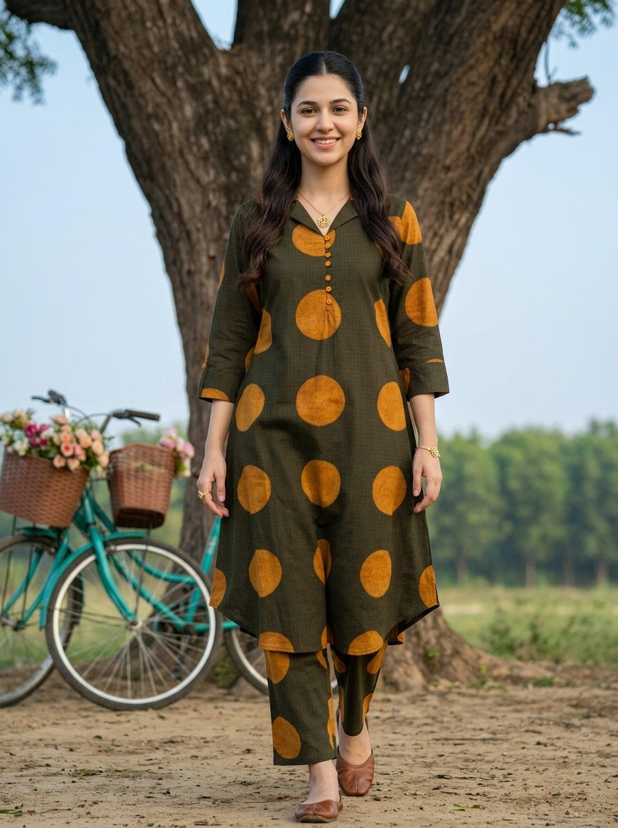 FINE COTTON COLLAR BOTTLE GREEN KP SET (HANDPRINTED)