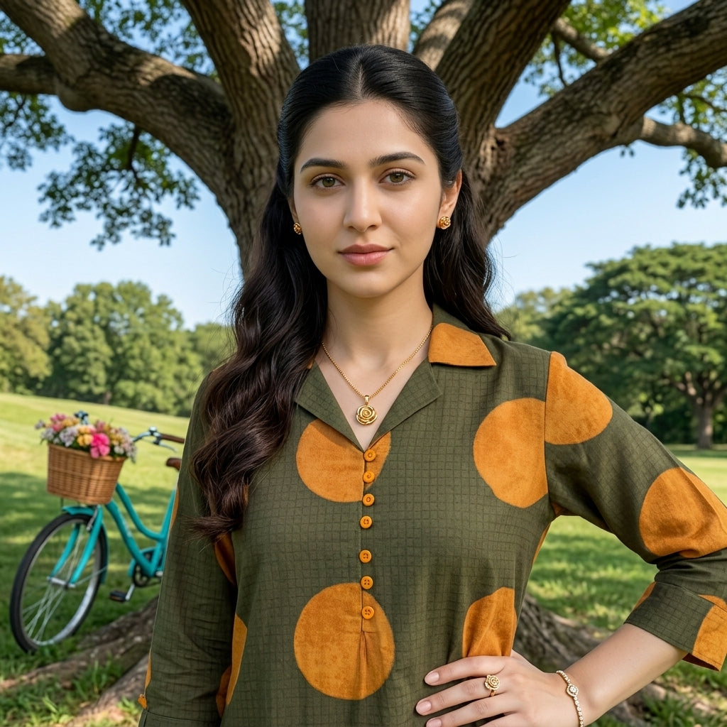 FINE COTTON COLLAR BOTTLE GREEN KP SET (HANDPRINTED)