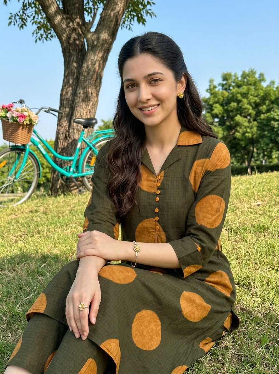 FINE COTTON COLLAR BOTTLE GREEN KP SET (HANDPRINTED)