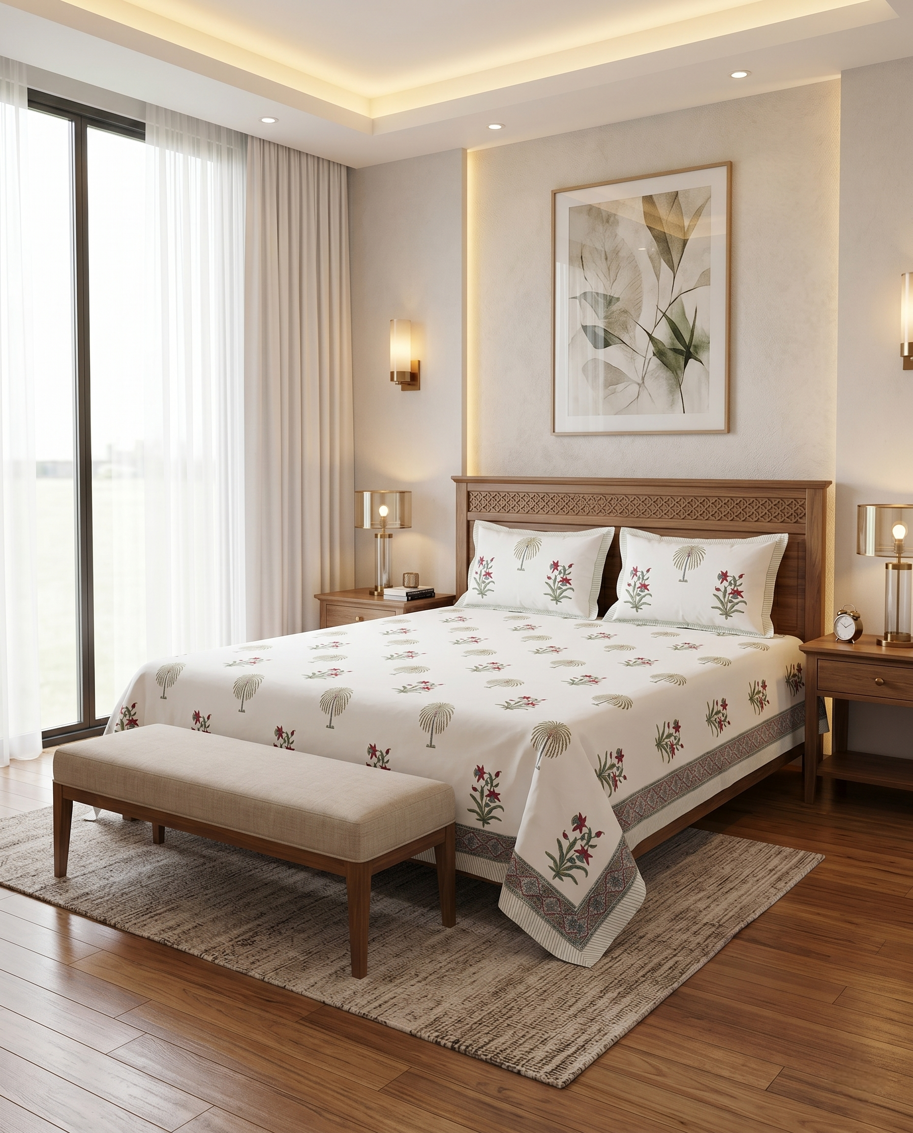 Tropical Flora Elegance Ivory Olive Blossom Premium Cotton Bedsheet