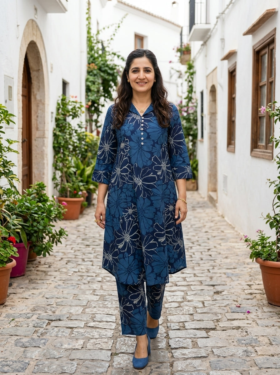 FINE COTTON COLLAR BLUE KP SET (HANDPRINTED)