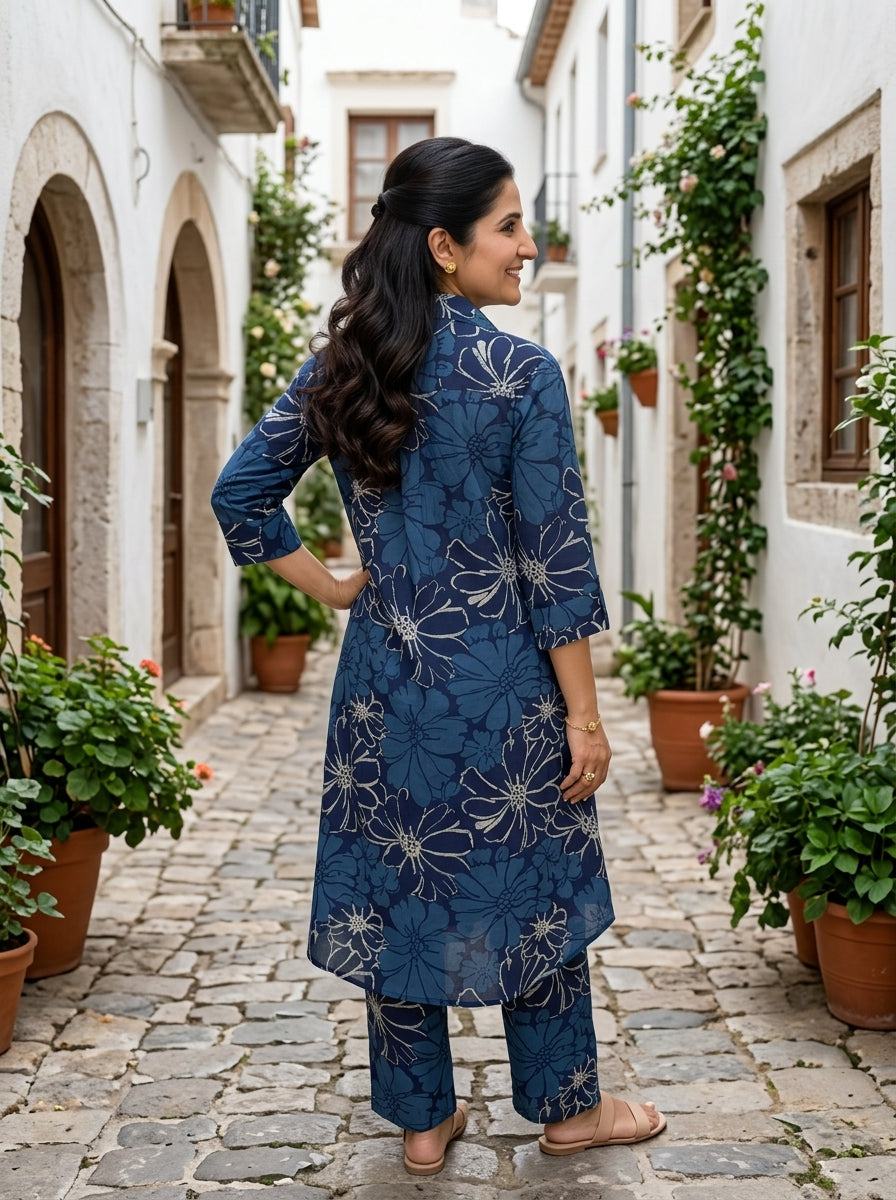 FINE COTTON COLLAR BLUE KP SET (HANDPRINTED)