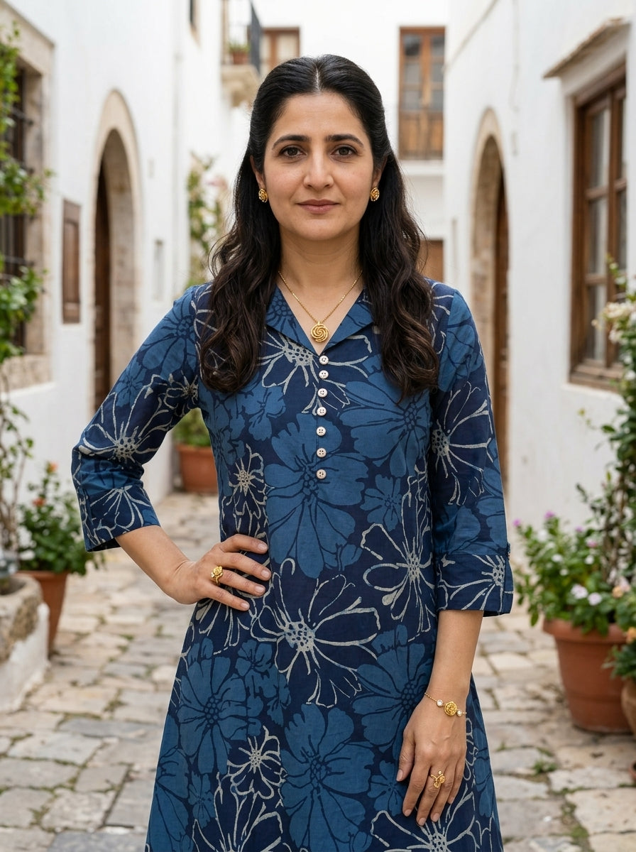 FINE COTTON COLLAR BLUE KP SET (HANDPRINTED)