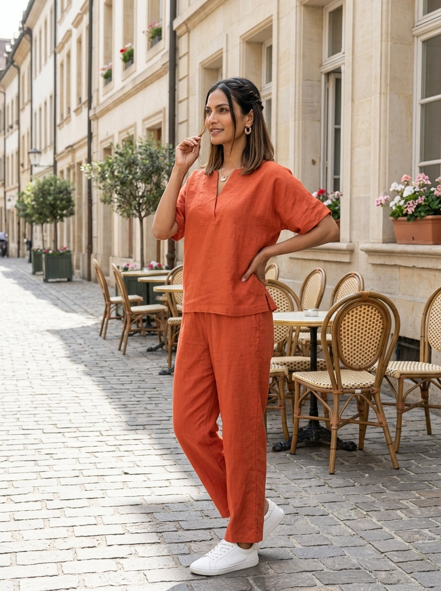 LOOSE FIT TEXTURED RUST MODAL SILK COTTON CORDSET