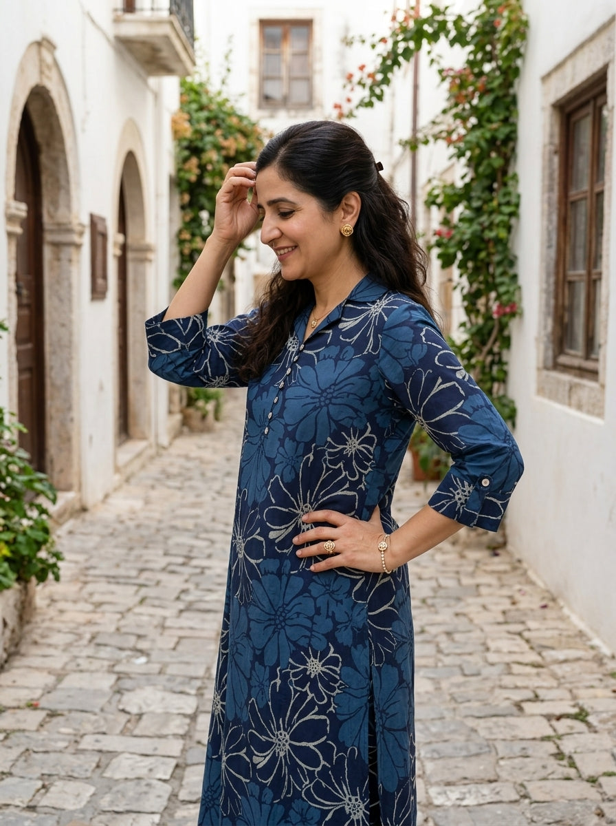 FINE COTTON COLLAR BLUE KP SET (HANDPRINTED)