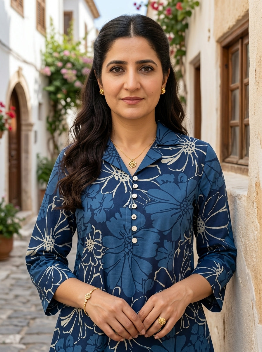 FINE COTTON COLLAR BLUE KP SET (HANDPRINTED)