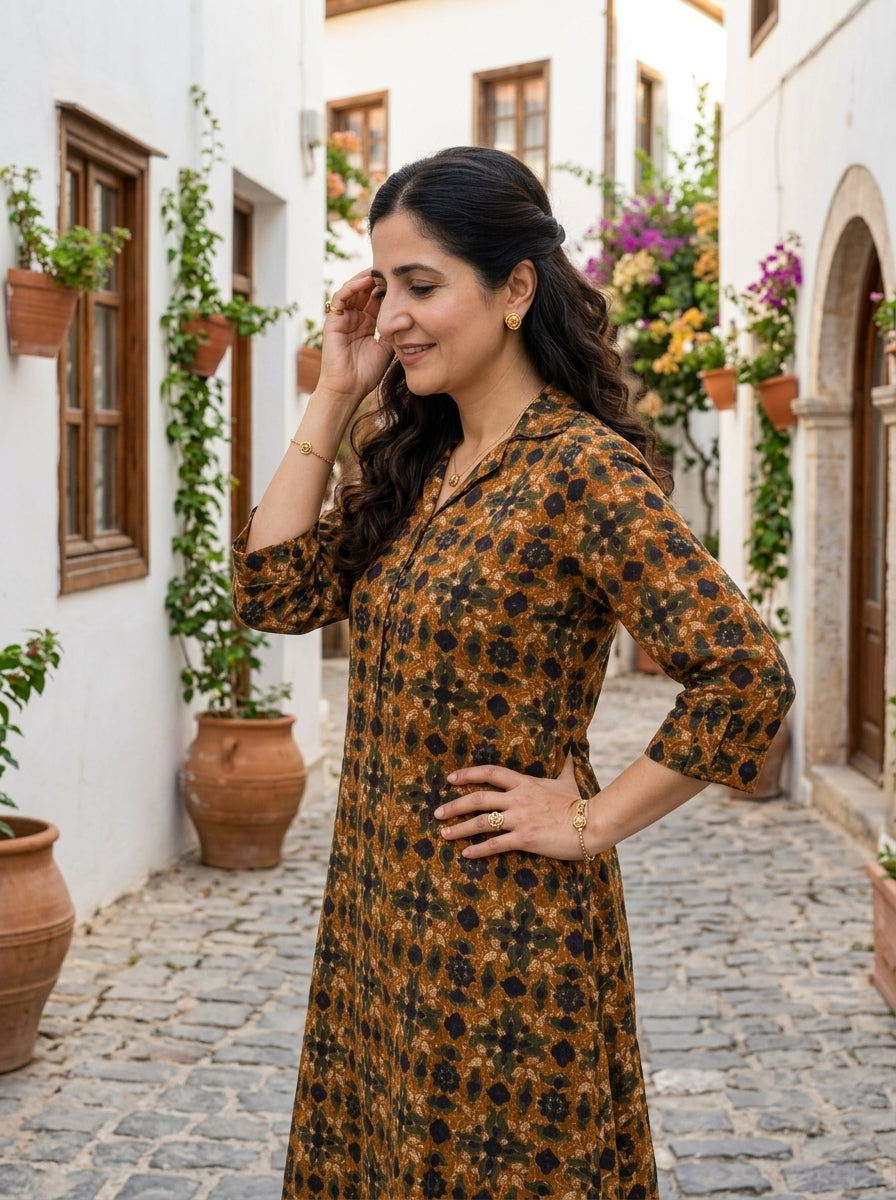 FINE COTTON COLLAR MUSTARD BROWN KP SET (HANDPRINTED)