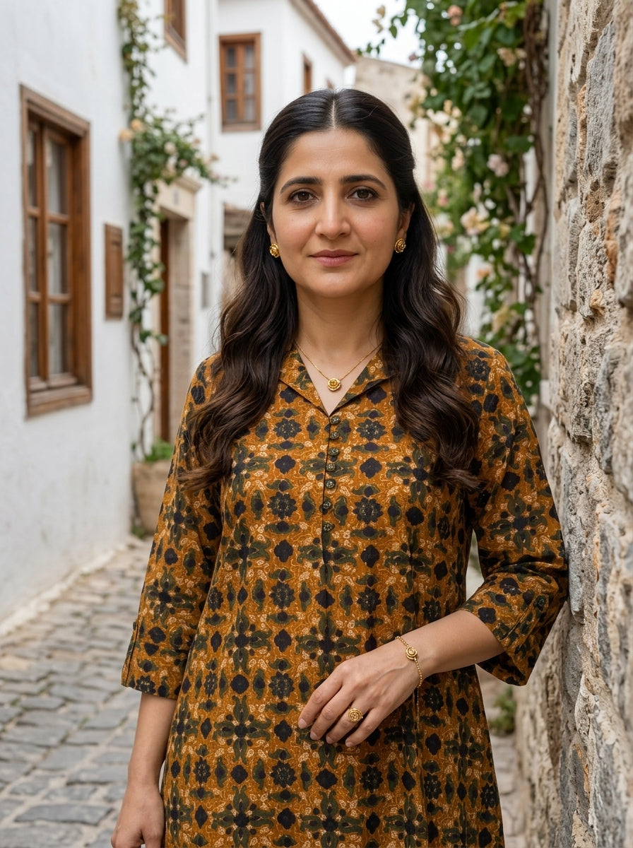 FINE COTTON COLLAR MUSTARD BROWN KP SET (HANDPRINTED)