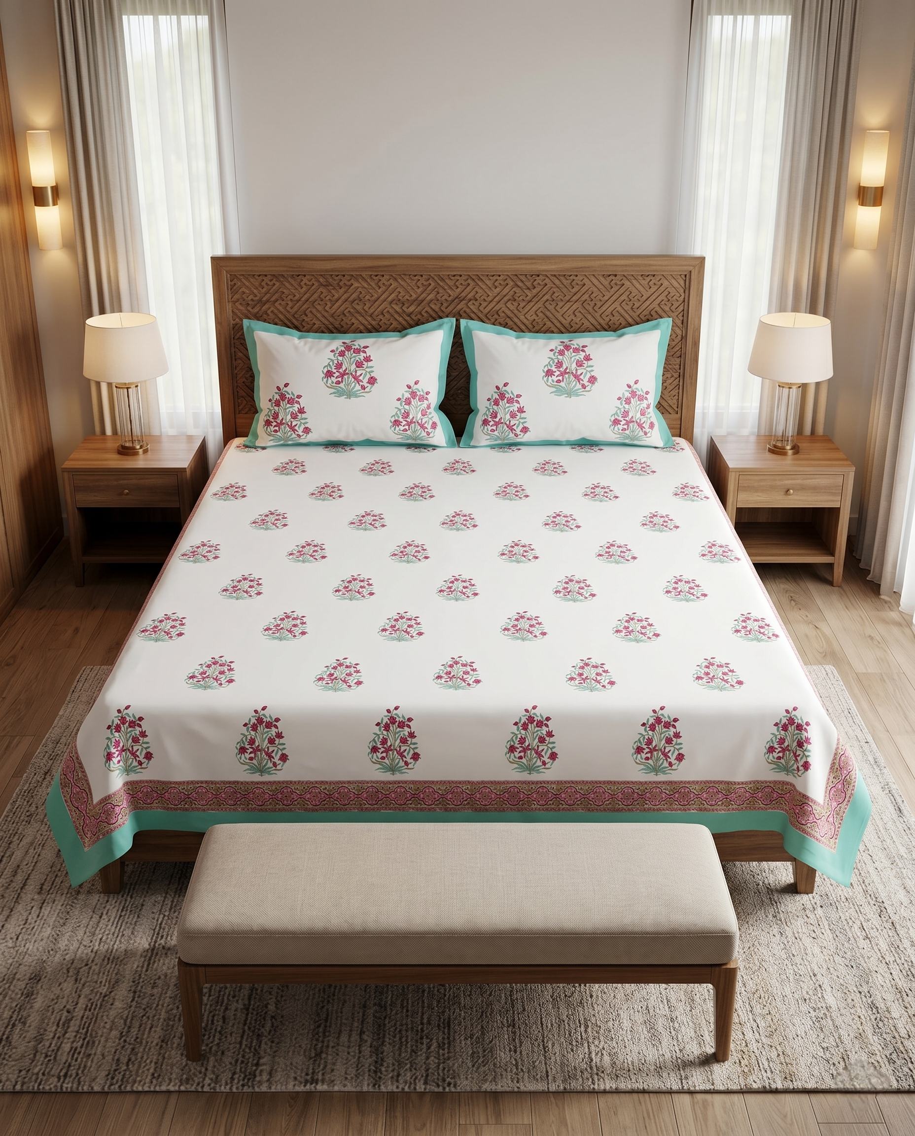 Mint Blossom Charm Ivory Aqua Pink Premium Cotton Bedsheet