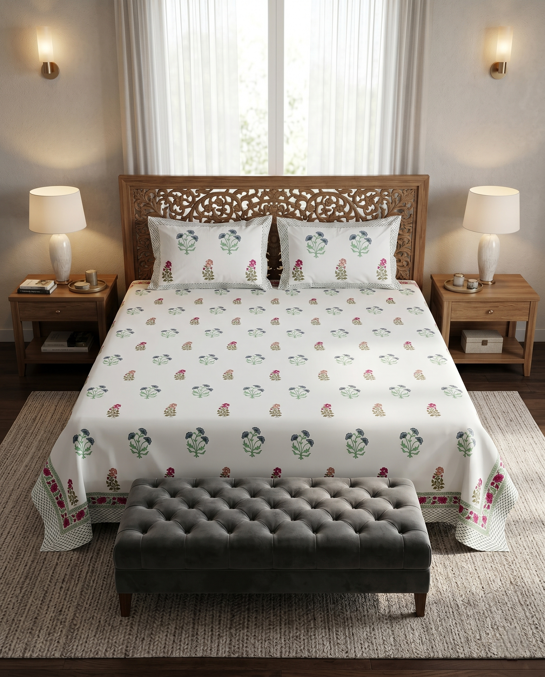 Wildflower Harmony Ivory Aqua Bloom Premium Cotton Bedsheet