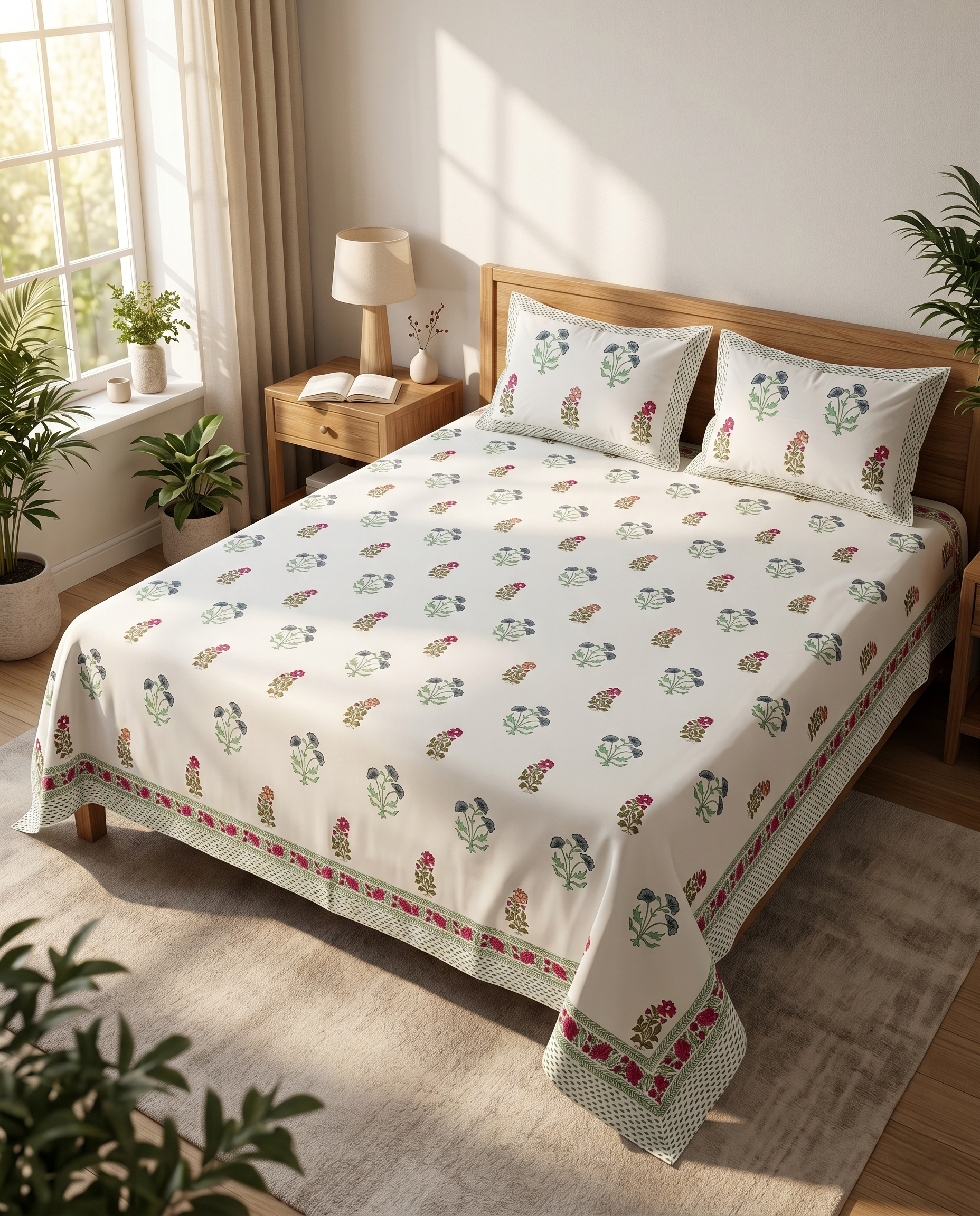Wildflower Harmony Ivory Aqua Bloom Premium Cotton Bedsheet