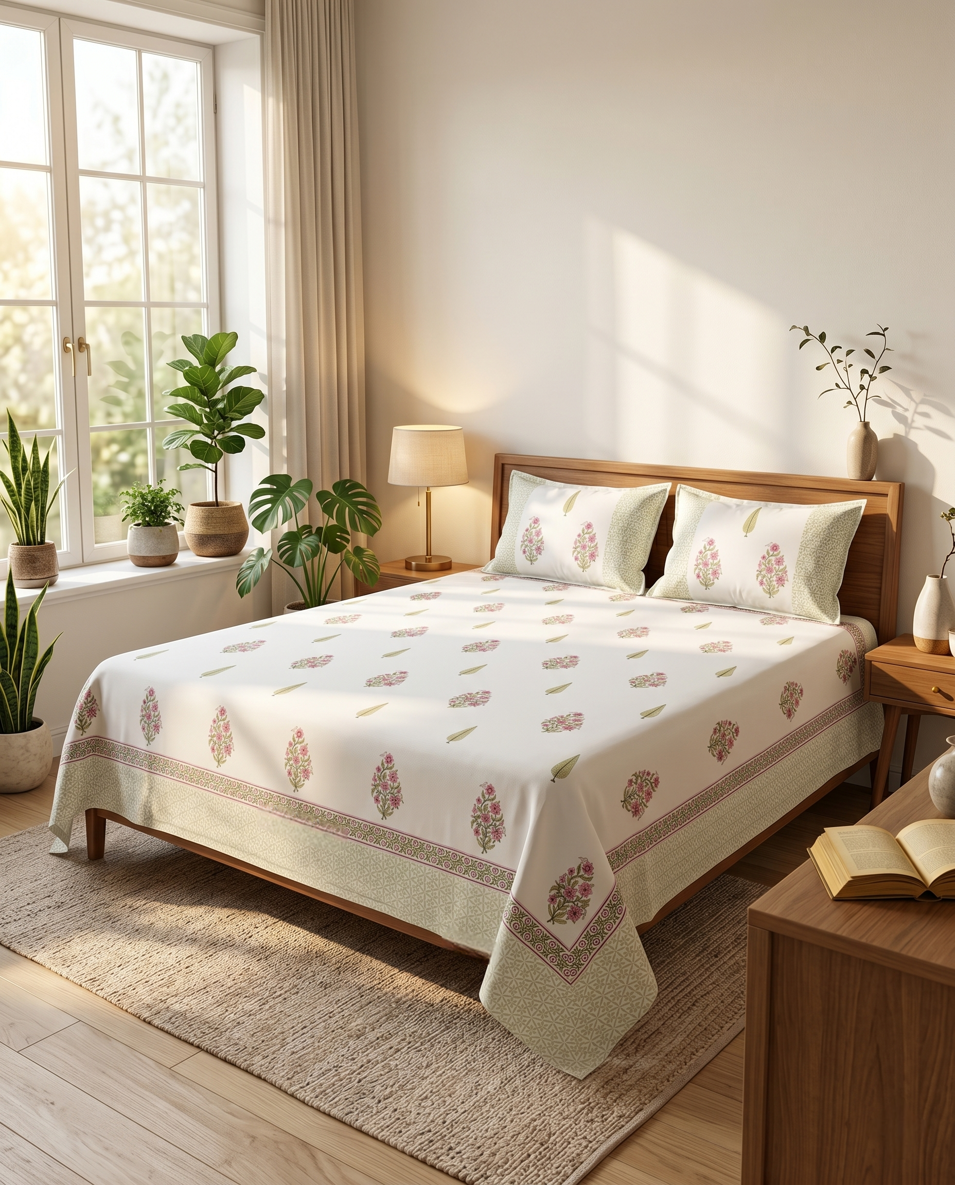 Gulmohar Bloom Cream Pink Shade Premium Cotton Bedsheet