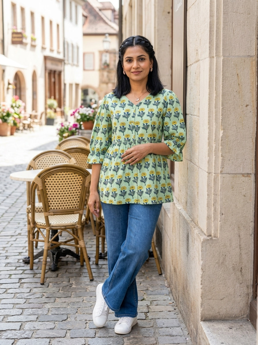 COTTON FLORAL CHARM GREEN PREMIUM COTTON TOP (HANDBLOCK)