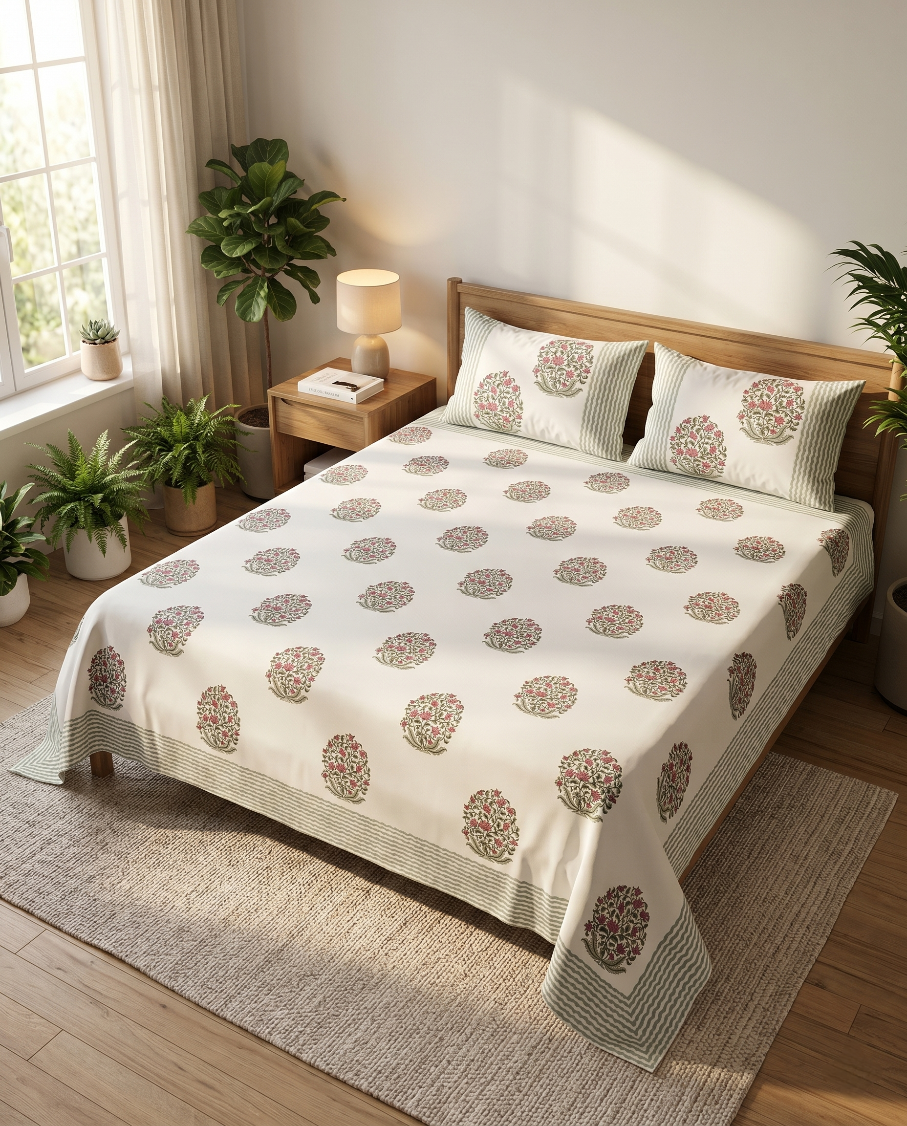 Baghra Handblock Ivory Rose Shade Premium Cotton Bedsheet