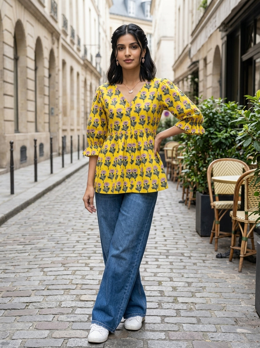COTTON FLORAL CHARM YELLOW PREMIUM COTTON TOP (HANDBLOCK)