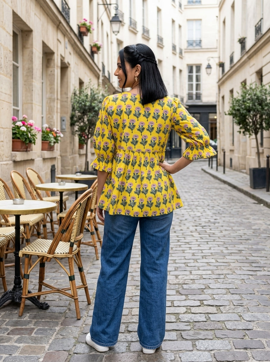 COTTON FLORAL CHARM YELLOW PREMIUM COTTON TOP (HANDBLOCK)