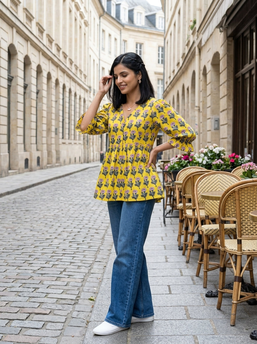 COTTON FLORAL CHARM YELLOW PREMIUM COTTON TOP (HANDBLOCK)