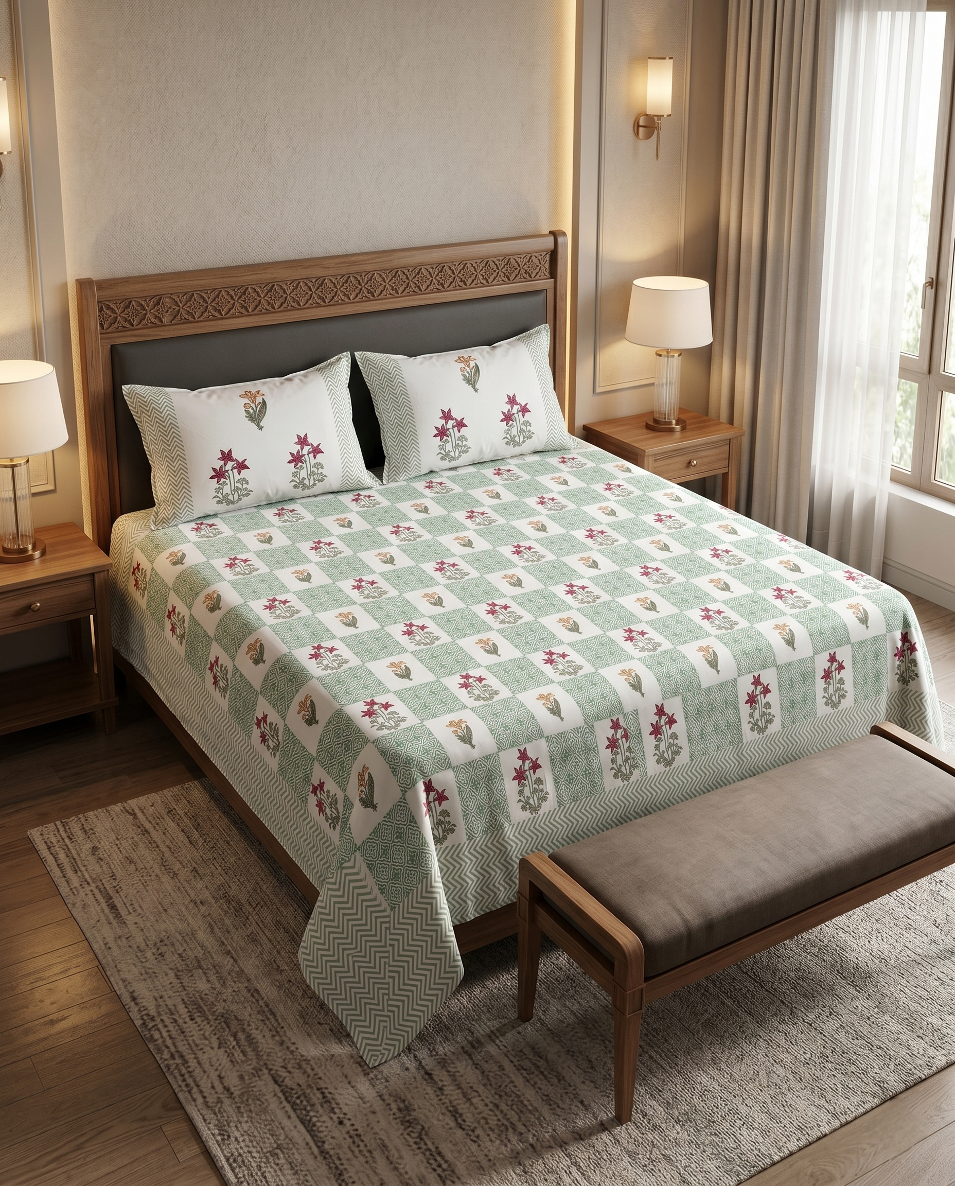 Phoolkari Heritage Mint Blossom Premium Cotton Bedsheet