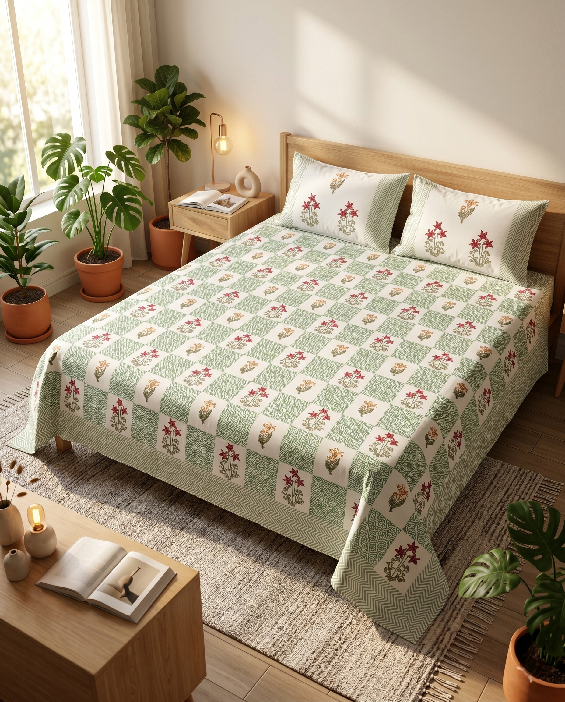 Phoolkari Heritage Mint Blossom Premium Cotton Bedsheet