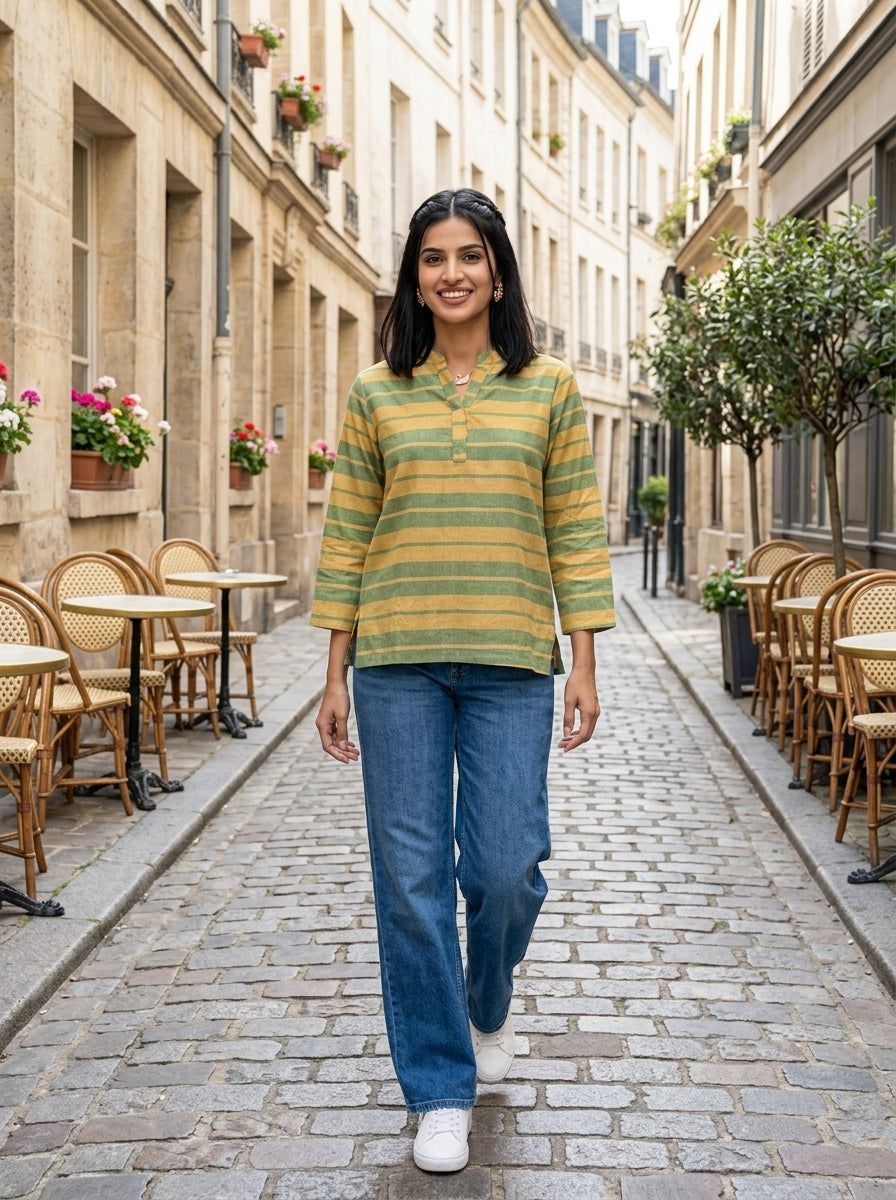 EVERYDAY COTTON STRIPE GREEN LINEN COTTON TOP