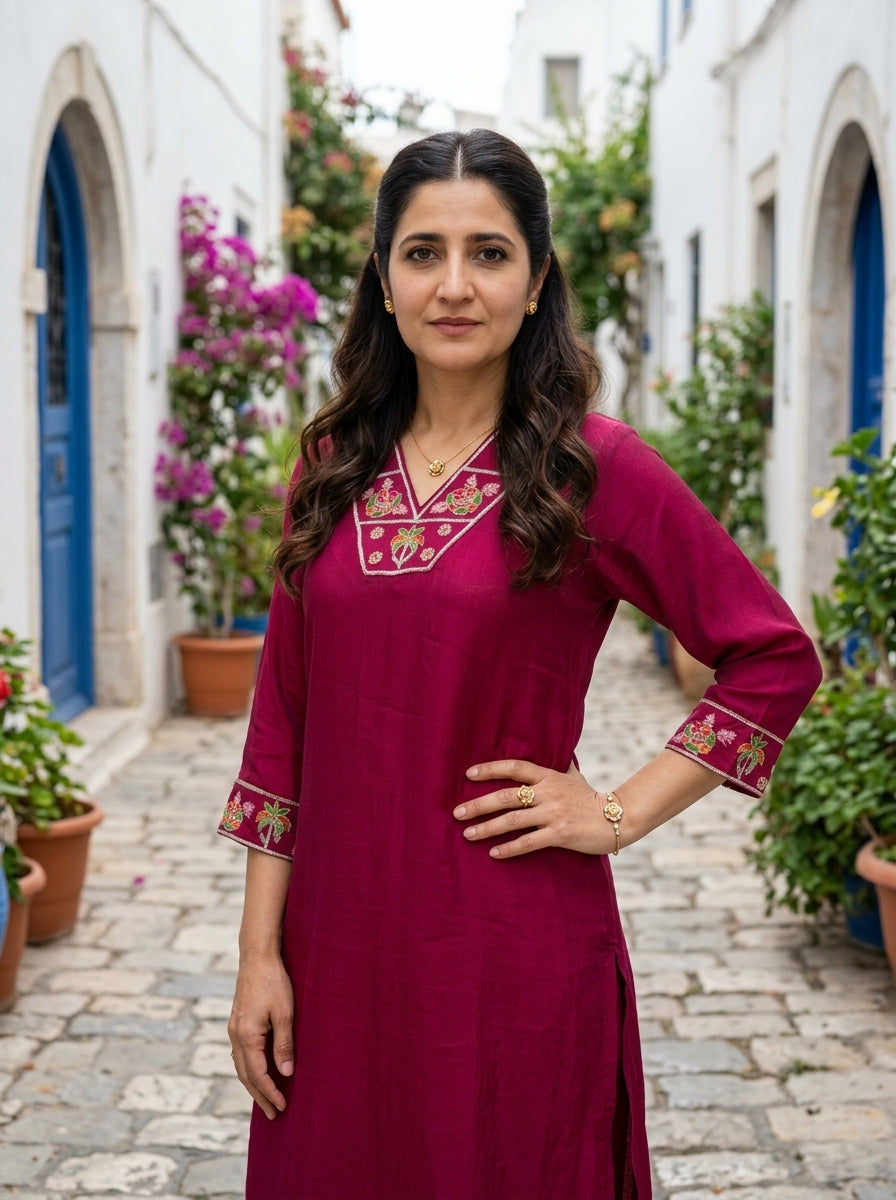 PALM BLOOM V-NECK PINK MUL MUSLIN KURTA PANT SET