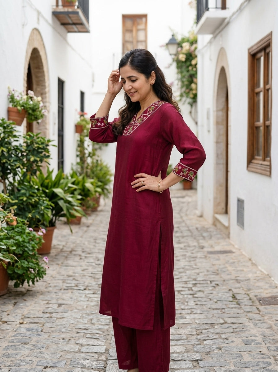 PALM BLOOM V-NECK PINK MUL MUSLIN KURTA PANT SET