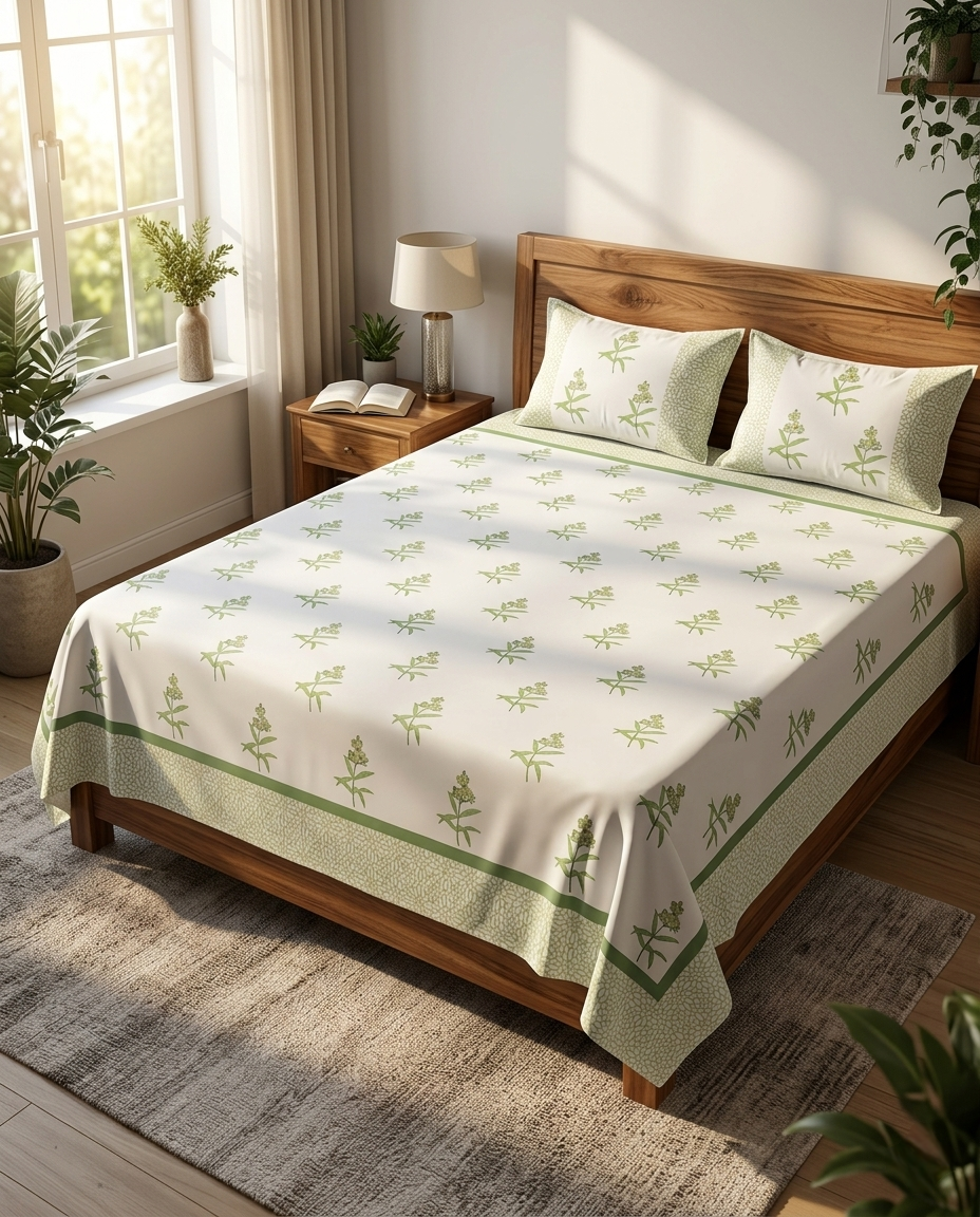 Vrinda Handblock Sage Leaf Shade Premium Cotton Bedsheet