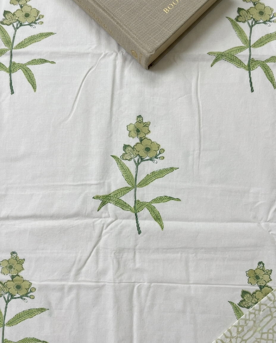 Vrinda Handblock Sage Leaf Shade Premium Cotton Bedsheet