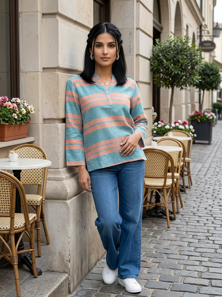 EVERYDAY COTTON STRIPE SKY BLUE/PEACH LINEN COTTON TOP