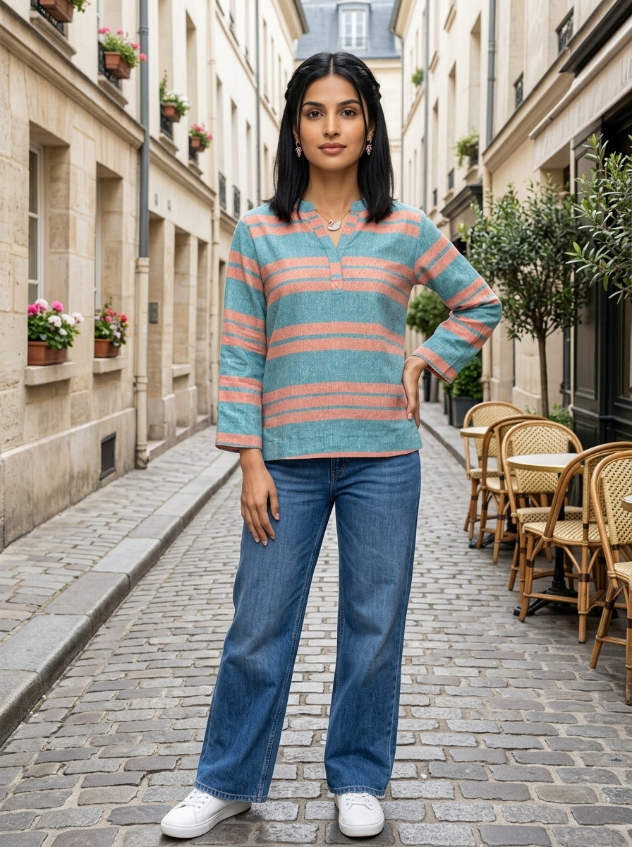 EVERYDAY COTTON STRIPE SKY BLUE/PEACH LINEN COTTON TOP