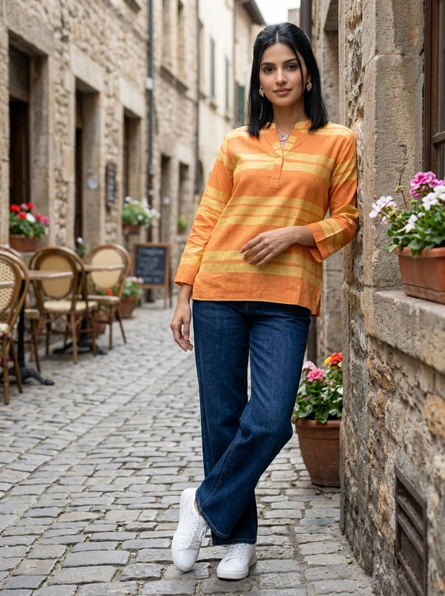 EVERYDAY COTTON STRIPE ORANGE LINEN COTTON TOP