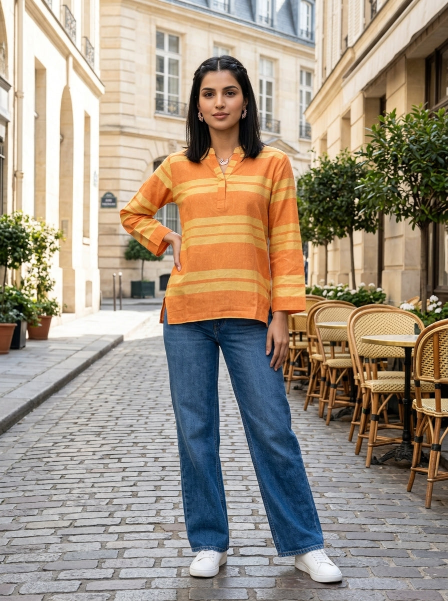 EVERYDAY COTTON STRIPE ORANGE LINEN COTTON TOP