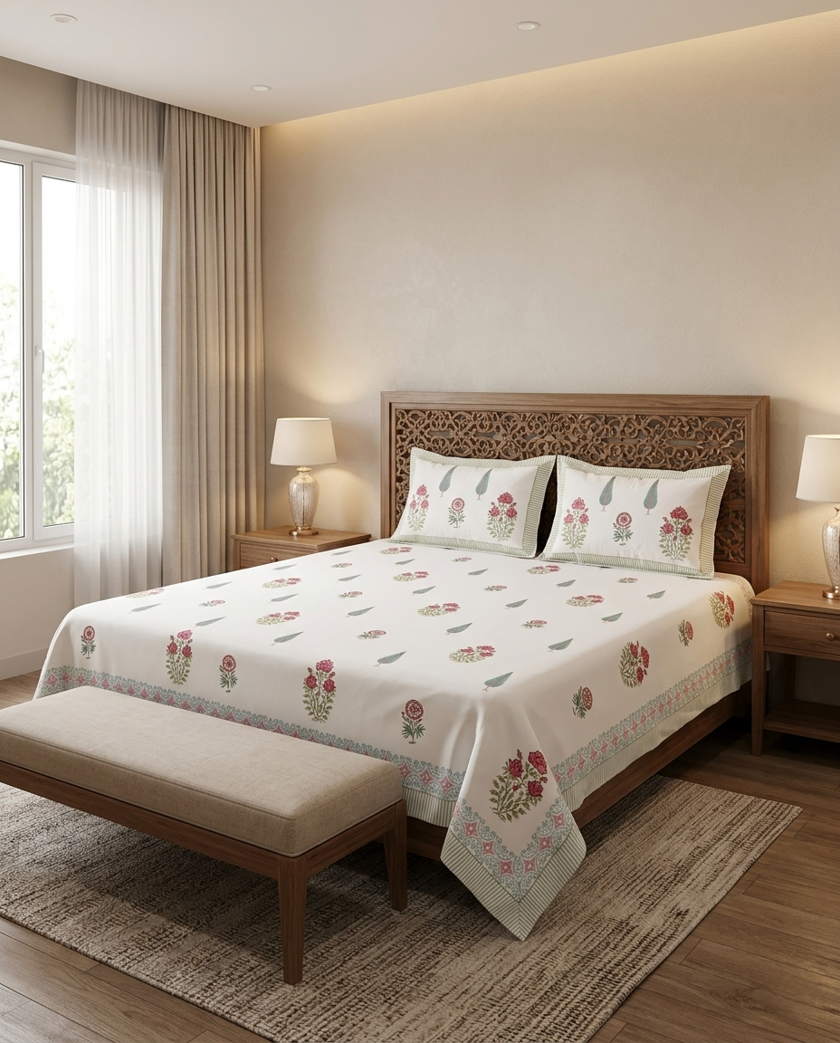 Palm Tree Motif Sage Cotton Premium Cotton Bedsheet