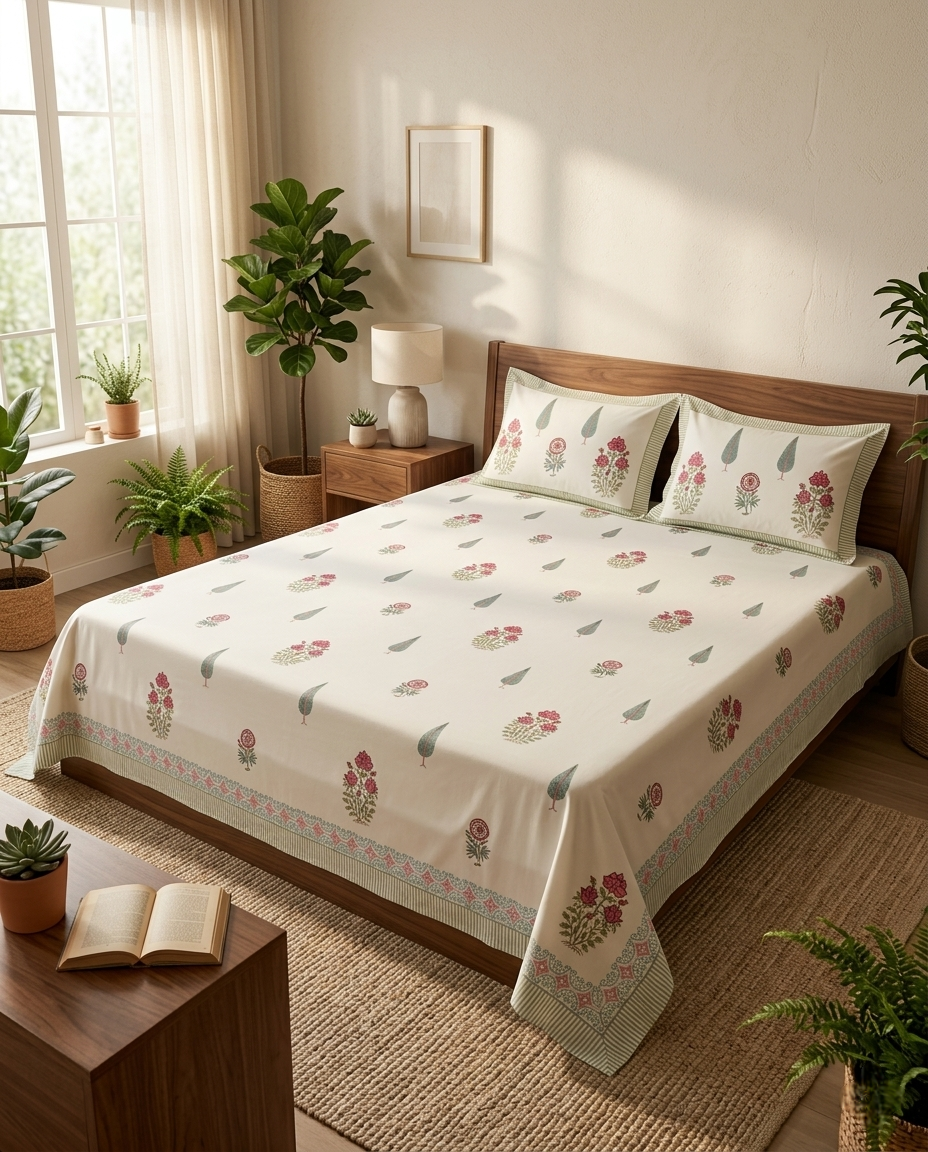 Palm Tree Motif Sage Cotton Premium Cotton Bedsheet