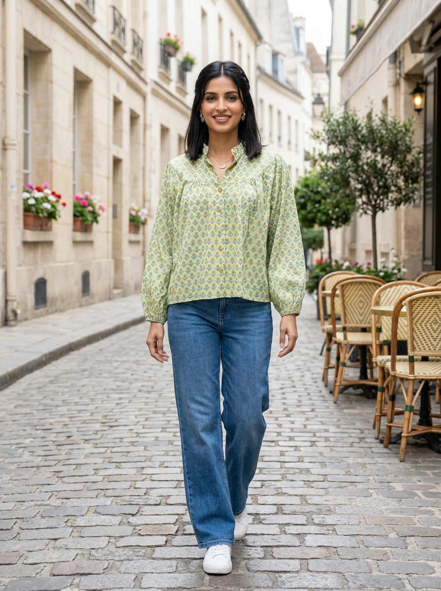 SOFT BLOSSOM LIGHT GREEN COTTON TOP (HANDBLOCK)
