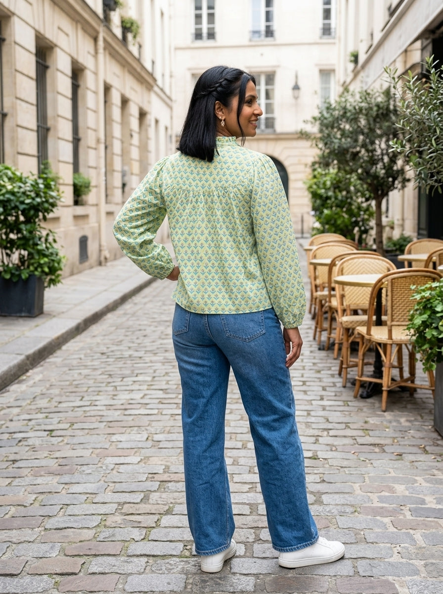 SOFT BLOSSOM LIGHT GREEN COTTON TOP (HANDBLOCK)