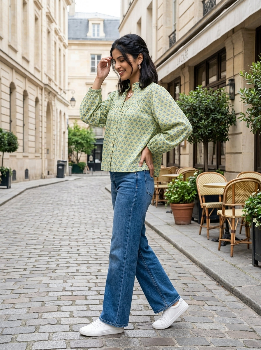 SOFT BLOSSOM LIGHT GREEN COTTON TOP (HANDBLOCK)