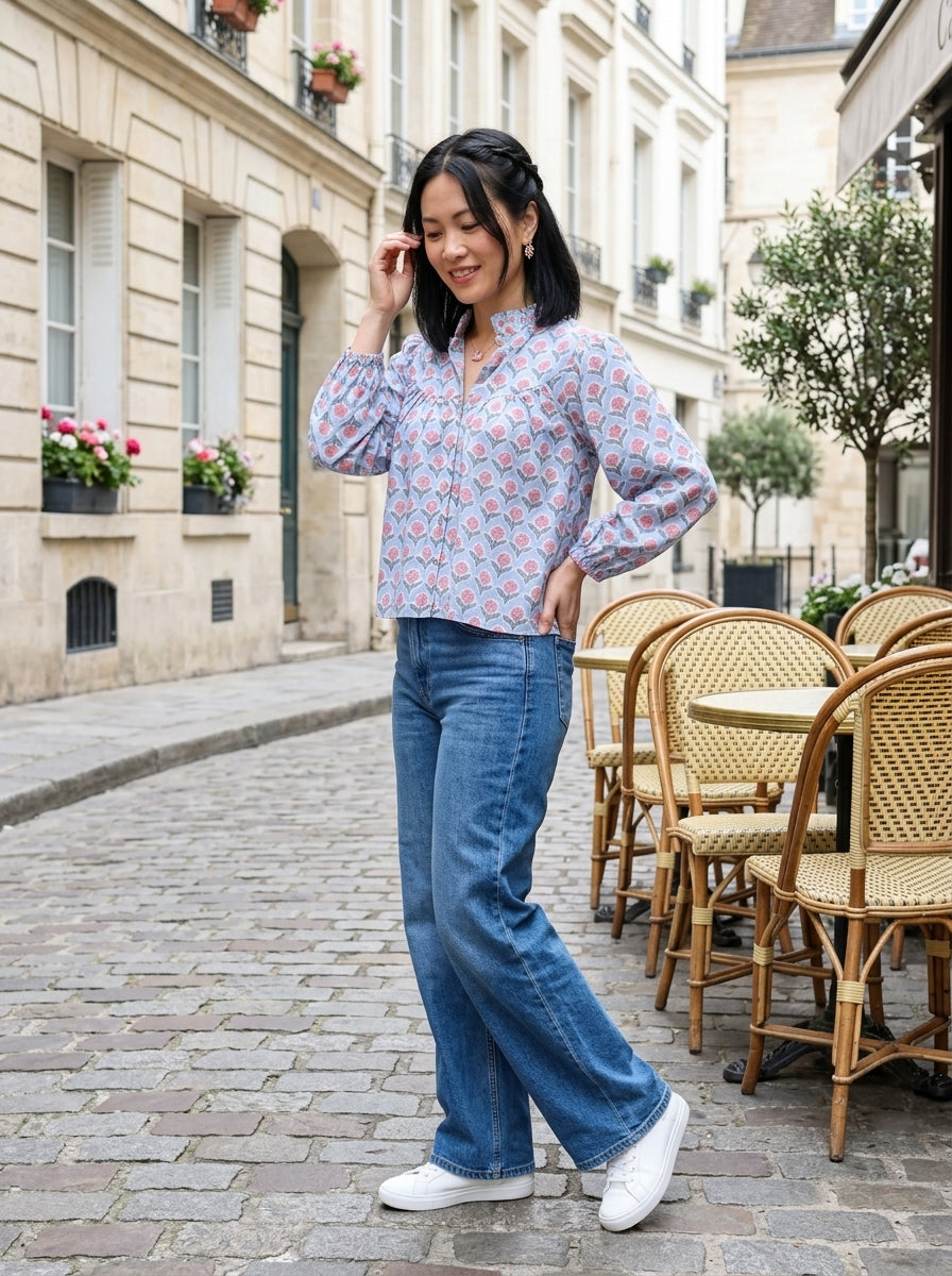 SOFT BLOSSOM BLUE COTTON TOP (HANDBLOCK)